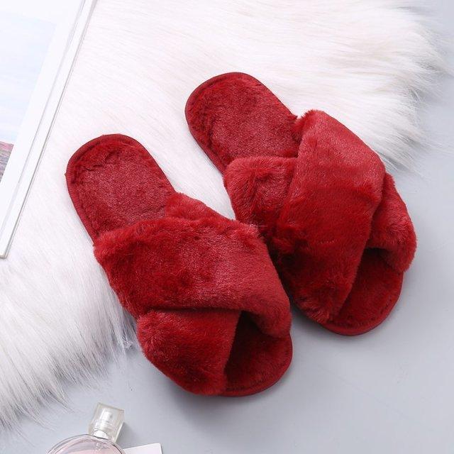 Women Fashion Warm Fluffy Slippers Cozy Faux Fur Cross Indoor Floor Slides Flat Soft Furry Flip Flops Cross Band Soft Plush Cozy House Shoes Furry Open Toe Indoor Outdoor Slip On Warm Breathable Anti-Skid Sole