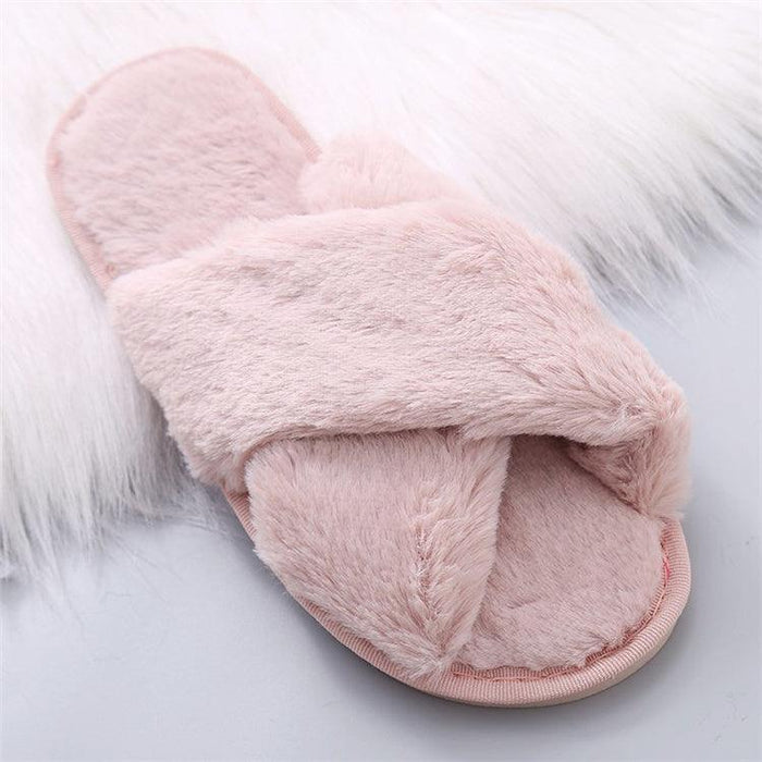 Women Fashion Warm Fluffy Slippers Cozy Faux Fur Cross Indoor Floor Slides Flat Soft Furry Flip Flops Cross Band Soft Plush Cozy House Shoes Furry Open Toe Indoor Outdoor Slip On Warm Breathable Anti-Skid Sole