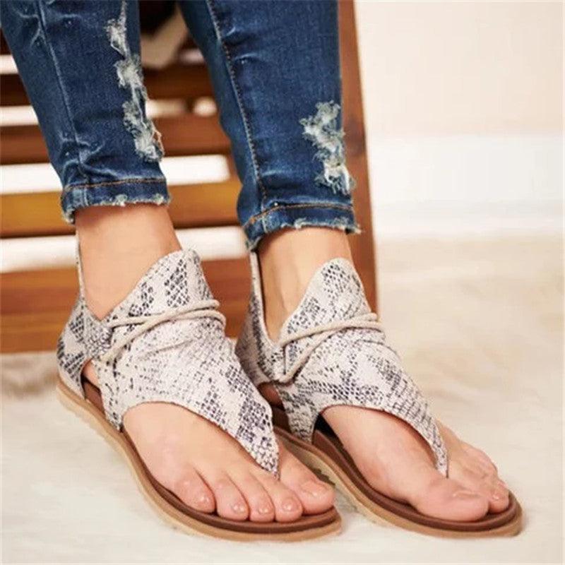 Women Flat Sandals Leopard Snake Print Summer Shoes Beach Leather Sandals Retro Flip Flops Slippers Women Casual Summer Flat Sandal Open Toe Beach Back Zipper T-Strap Outdoor Sandals