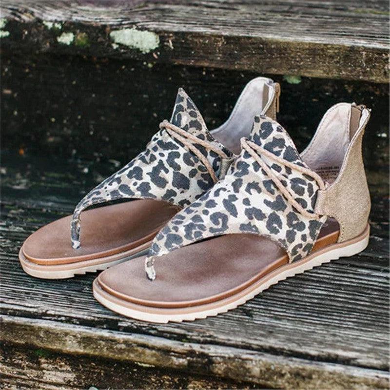 Women Flat Sandals Leopard Snake Print Summer Shoes Beach Leather Sandals Retro Flip Flops Slippers Women Casual Summer Flat Sandal Open Toe Beach Back Zipper T-Strap Outdoor Sandals