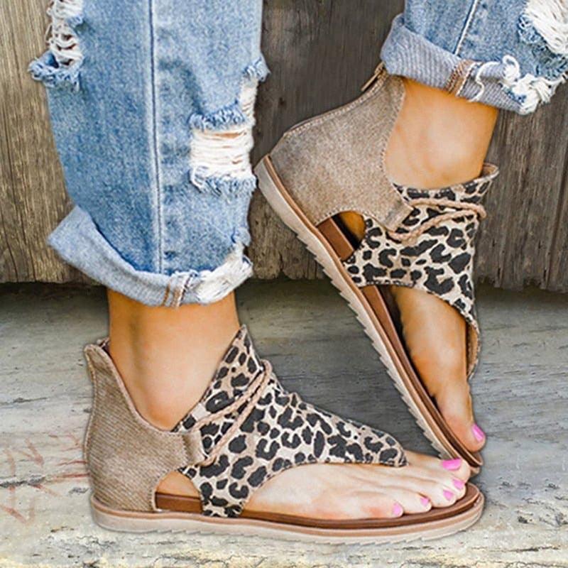 Women Flat Sandals Leopard Snake Print Summer Shoes Beach Leather Sandals Retro Flip Flops Slippers Women Casual Summer Flat Sandal Open Toe Beach Back Zipper T-Strap Outdoor Sandals