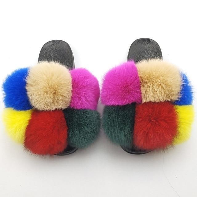 Women Fox Fur Slides Home Beautiful Flat Sandals Female Cute Fluffy House Woman Fur Fluffy Slippers Furry Slides Summer Sandals Open Toe Indoor Outdoor Comfortable Slides Sandals