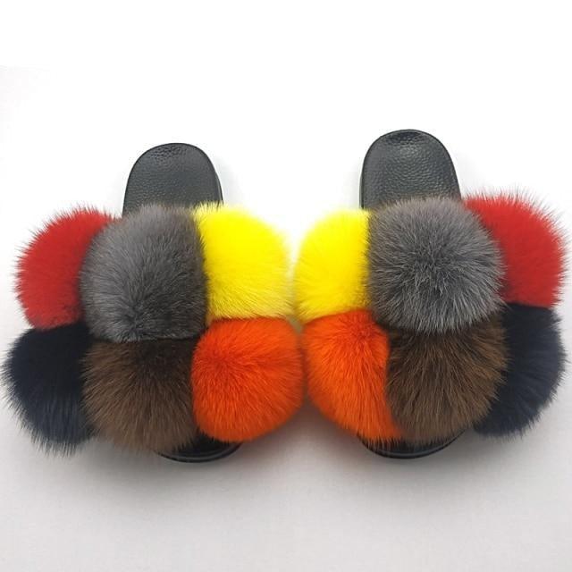 Women Fox Fur Slides Home Beautiful Flat Sandals Female Cute Fluffy House Woman Fur Fluffy Slippers Furry Slides Summer Sandals Open Toe Indoor Outdoor Comfortable Slides Sandals