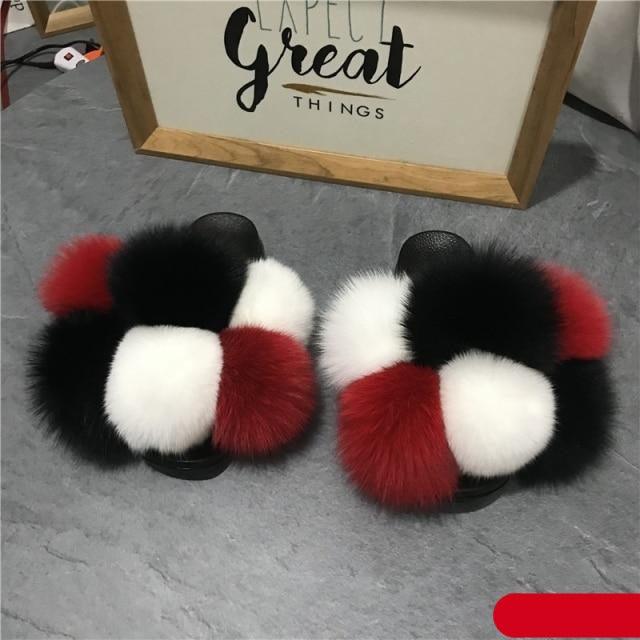 Women Fox Fur Slides Home Beautiful Flat Sandals Female Cute Fluffy House Woman Fur Fluffy Slippers Furry Slides Summer Sandals Open Toe Indoor Outdoor Comfortable Slides Sandals