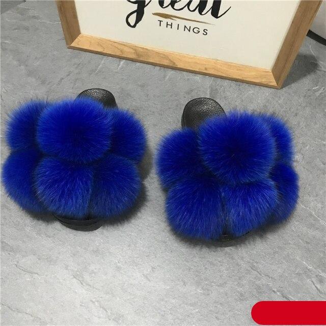 Women Fox Fur Slides Home Beautiful Flat Sandals Female Cute Fluffy House Woman Fur Fluffy Slippers Furry Slides Summer Sandals Open Toe Indoor Outdoor Comfortable Slides Sandals