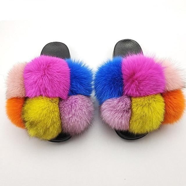 Women Fox Fur Slides Home Beautiful Flat Sandals Female Cute Fluffy House Woman Fur Fluffy Slippers Furry Slides Summer Sandals Open Toe Indoor Outdoor Comfortable Slides Sandals