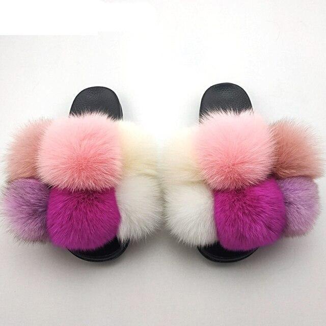 Women Fox Fur Slides Home Beautiful Flat Sandals Female Cute Fluffy House Woman Fur Fluffy Slippers Furry Slides Summer Sandals Open Toe Indoor Outdoor Comfortable Slides Sandals