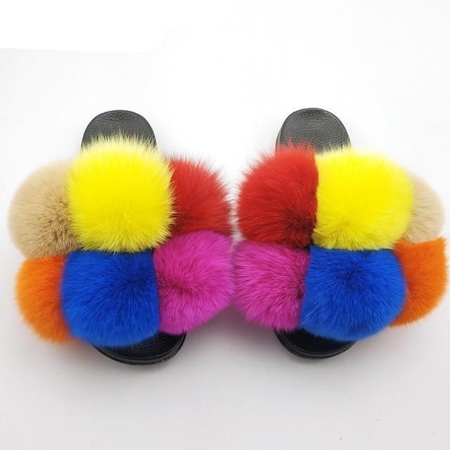 Women Fox Fur Slides Home Beautiful Flat Sandals Female Cute Fluffy House Woman Fur Fluffy Slippers Furry Slides Summer Sandals Open Toe Indoor Outdoor Comfortable Slides Sandals