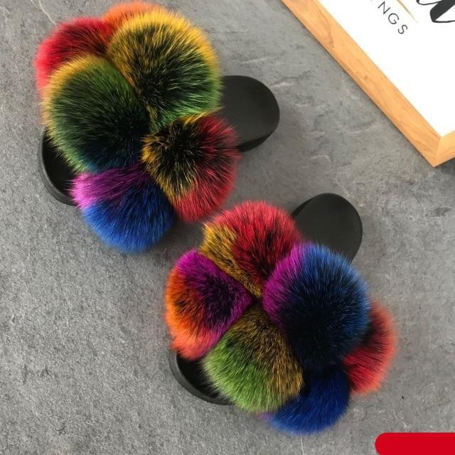 Women Fox Fur Slides Home Beautiful Flat Sandals Female Cute Fluffy House Woman Fur Fluffy Slippers Furry Slides Summer Sandals Open Toe Indoor Outdoor Comfortable Slides Sandals