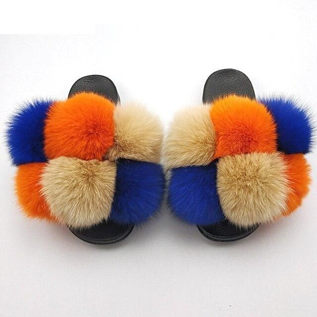 Women Fox Fur Slides Home Beautiful Flat Sandals Female Cute Fluffy House Woman Fur Fluffy Slippers Furry Slides Summer Sandals Open Toe Indoor Outdoor Comfortable Slides Sandals