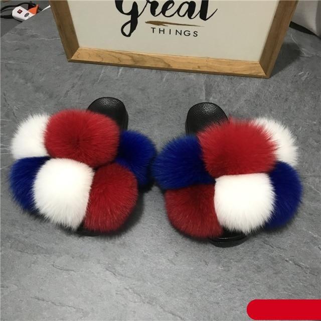 Women Fox Fur Slides Home Beautiful Flat Sandals Female Cute Fluffy House Woman Fur Fluffy Slippers Furry Slides Summer Sandals Open Toe Indoor Outdoor Comfortable Slides Sandals