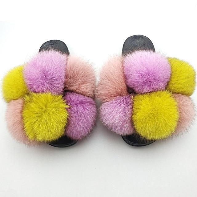 Women Fox Fur Slides Home Beautiful Flat Sandals Female Cute Fluffy House Woman Fur Fluffy Slippers Furry Slides Summer Sandals Open Toe Indoor Outdoor Comfortable Slides Sandals