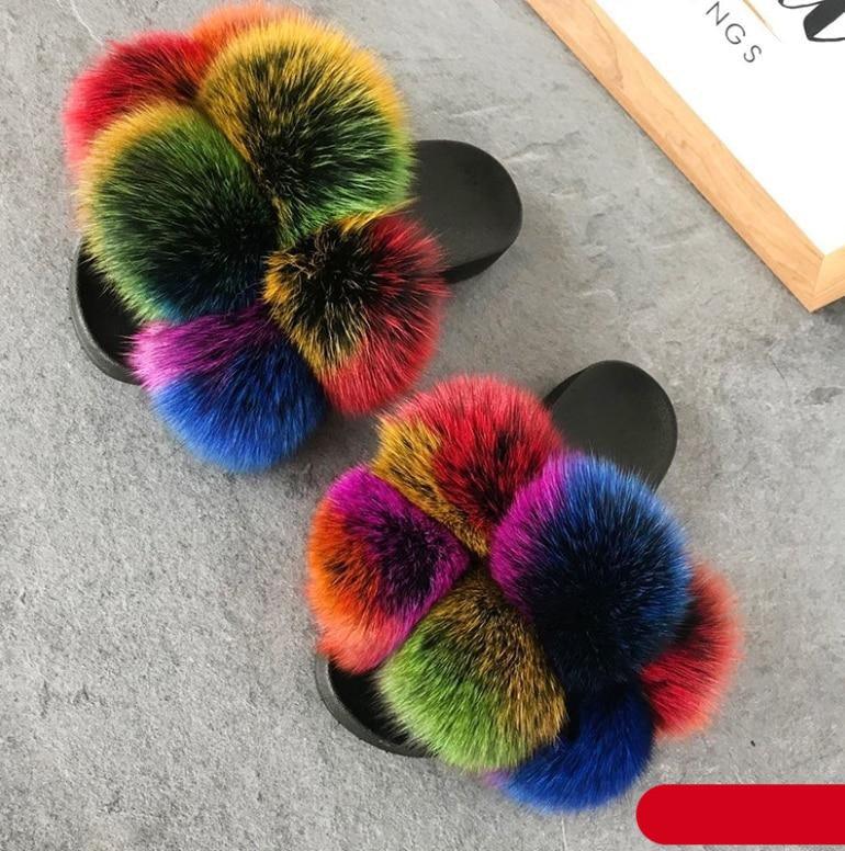 Women Fox Fur Slides Home Beautiful Flat Sandals Female Cute Fluffy House Woman Fur Fluffy Slippers Furry Slides Summer Sandals Open Toe Indoor Outdoor Comfortable Slides Sandals