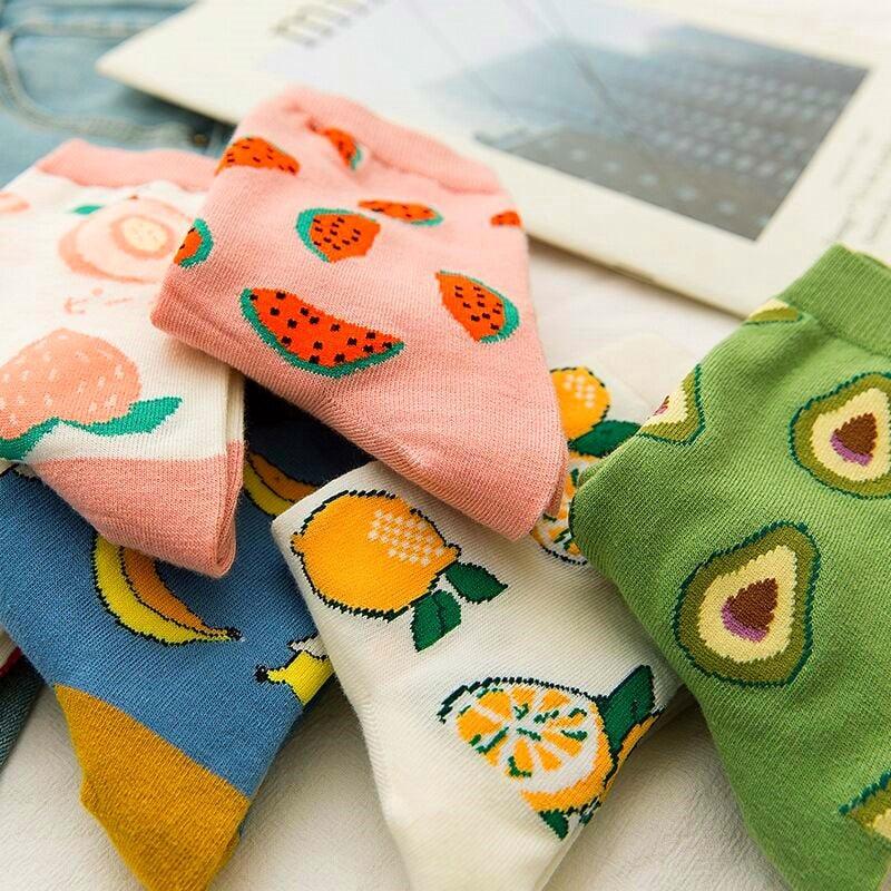 Women Funny Socks Spring Autumn Cartoon Socks Avocado Lemon Watermelon Peach Strawberry Banana Casual Socks Combed Out Of Cotton Soft Socks For Men And Women