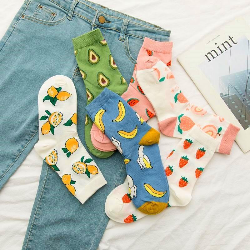 Women Funny Socks Spring Autumn Cartoon Socks Avocado Lemon Watermelon Peach Strawberry Banana Casual Socks Combed Out Of Cotton Soft Socks For Men And Women