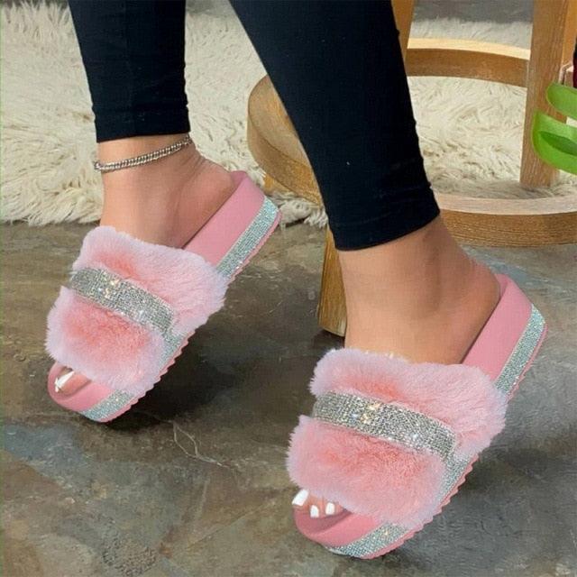 Women Fur Slippers Summer Home Flat Fur Slides For Women Fluffy Shoes Glitter Women' Casual Shoes House Slippers With Arch Support Slip-On Slippers For Women Flat Sandals