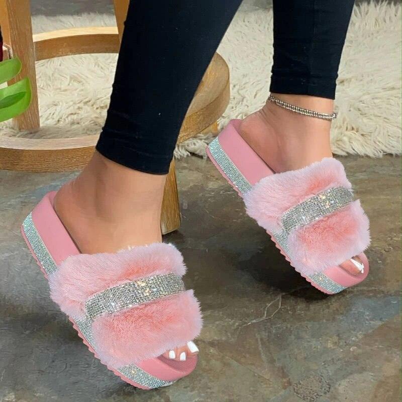 Women Fur Slippers Summer Home Flat Fur Slides For Women Fluffy Shoes Glitter Women' Casual Shoes House Slippers With Arch Support Slip-On Slippers For Women Flat Sandals