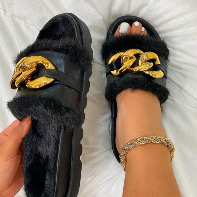 Women Fur Slippers Summer Home Flat Fur Slides For Women Fluffy Shoes Glitter Women' Casual Shoes House Slippers With Arch Support Slip-On Slippers For Women Flat Sandals