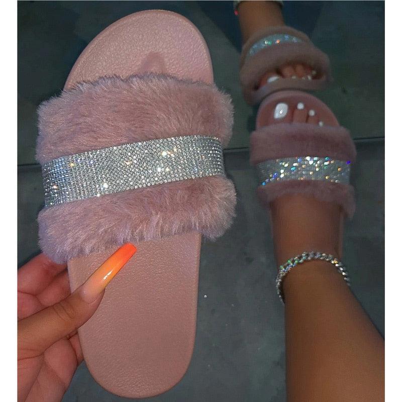 Women Fur Slippers Summer Home Flat Fur Slides For Women Fluffy Shoes Glitter Women' Casual Shoes House Slippers With Arch Support Slip-On Slippers For Women Flat Sandals