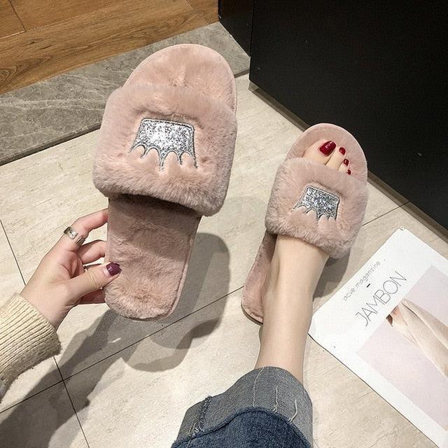 Women Fur Slippers Summer Home Flat Fur Slides For Women Fluffy Shoes Glitter Women' Casual Shoes House Slippers With Arch Support Slip-On Slippers For Women Flat Sandals