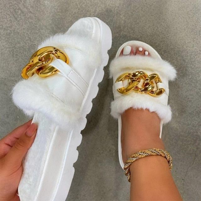 Women Fur Slippers Summer Home Flat Fur Slides For Women Fluffy Shoes Glitter Women' Casual Shoes House Slippers With Arch Support Slip-On Slippers For Women Flat Sandals