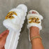 Women Fur Slippers Summer Home Flat Fur Slides For Women Fluffy Shoes Glitter Women' Casual Shoes House Slippers With Arch Support Slip-On Slippers For Women Flat Sandals