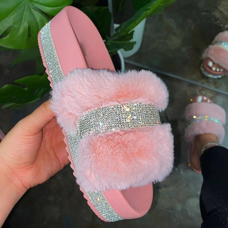 Women Fur Slippers Summer Home Flat Fur Slides For Women Fluffy Shoes Glitter Women' Casual Shoes House Slippers With Arch Support Slip-On Slippers For Women Flat Sandals