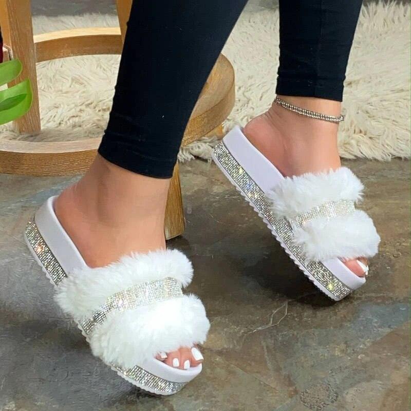 Women Fur Slippers Summer Home Flat Fur Slides For Women Fluffy Shoes Glitter Women' Casual Shoes House Slippers With Arch Support Slip-On Slippers For Women Flat Sandals