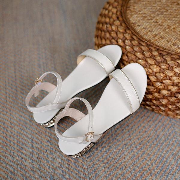 Women Genuine Leather Sandals Low Heel Buckle Strap Ladies Open Toe Black Decoration Summer Leather Open Toe And Ankle Strap Buckle Flat Sandals Casual Beach Shoes