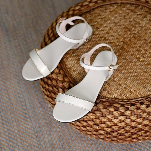 Women Genuine Leather Sandals Low Heel Buckle Strap Ladies Open Toe Black Decoration Summer Leather Open Toe And Ankle Strap Buckle Flat Sandals Casual Beach Shoes