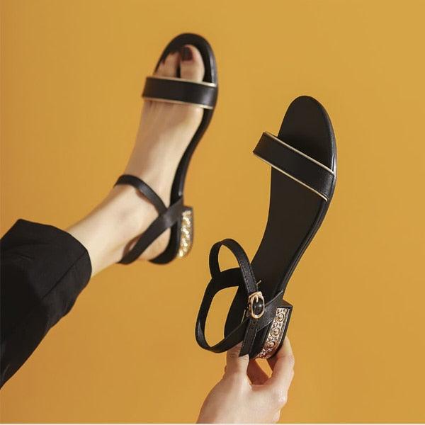 Women Genuine Leather Sandals Low Heel Buckle Strap Ladies Open Toe Black Decoration Summer Leather Open Toe And Ankle Strap Buckle Flat Sandals Casual Beach Shoes