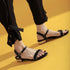 Women Genuine Leather Sandals Low Heel Buckle Strap Ladies Open Toe Black Decoration Summer Leather Open Toe And Ankle Strap Buckle Flat Sandals Casual Beach Shoes