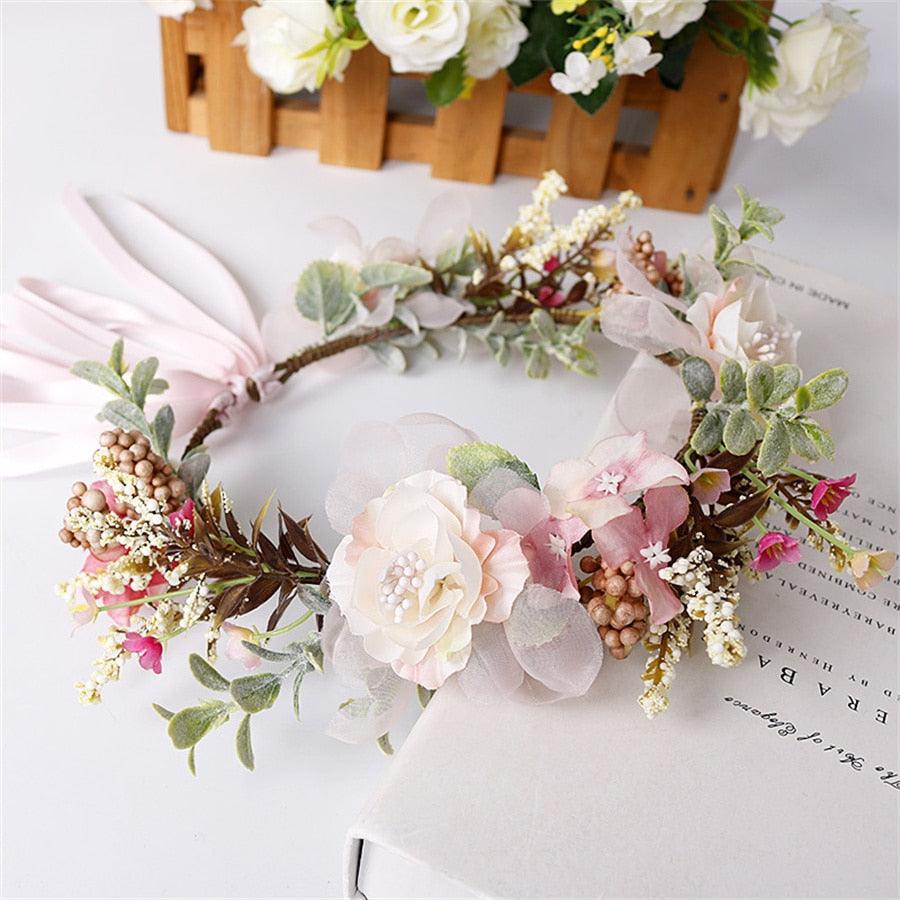 Women Girls Flower Headband Bride Flower Crown Hairband Hair Accessories Wedding Party Spring Bohemia Wreath Headpiece Headwear  Flower Wreath Crown Wedding Garland Headband Floral Hair Accessories For Women And Girls