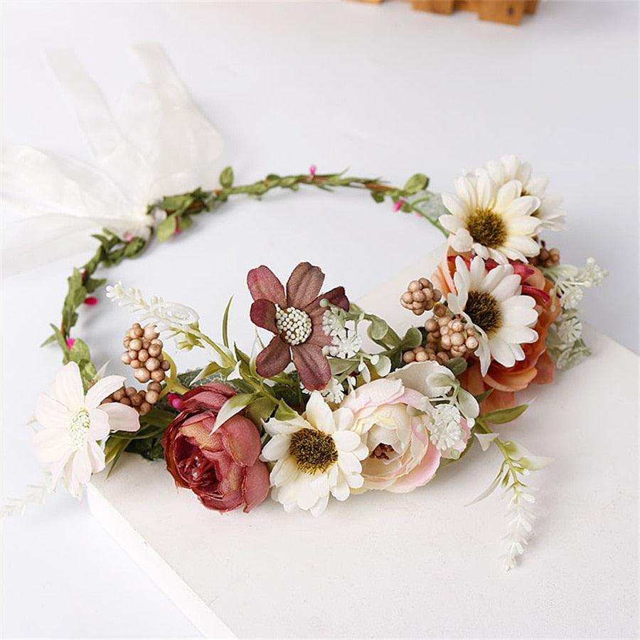 Women Girls Flower Headband Bride Flower Crown Hairband Hair Accessories Wedding Party Spring Bohemia Wreath Headpiece Headwear  Flower Wreath Crown Wedding Garland Headband Floral Hair Accessories For Women And Girls