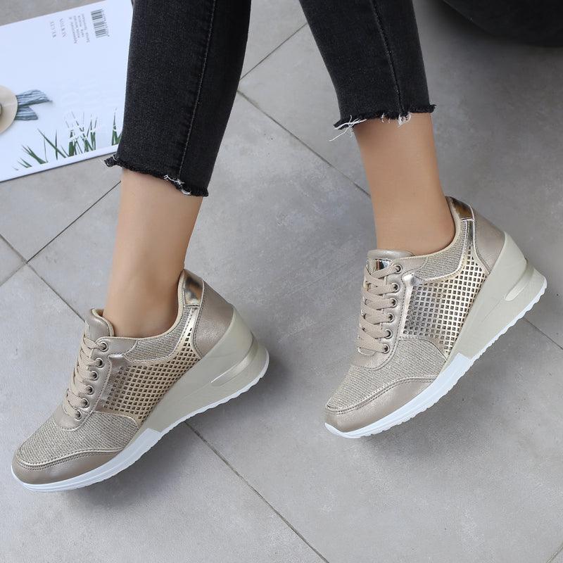 Women Height Increasing Walking Jogging Sneakers Gold Silver Sport Running Women's Lightweight Casual Everyday Walking Fashion High Heels Comfortable Sneakers