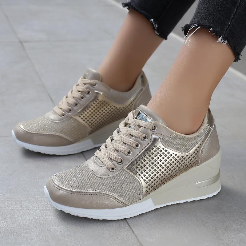 Women Height Increasing Walking Jogging Sneakers Gold Silver Sport Running Women's Lightweight Casual Everyday Walking Fashion High Heels Comfortable Sneakers