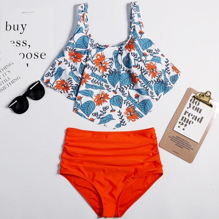 Women High Waist Bikini Plus Size Swimwear Summer Swimsuit Beach Bathing Suit Ruffle Bikini  Floral Printed Ruffle High Waist Bikini Set Women's Tummy Control Bathing Suit Swimsuit Flounce Peplum