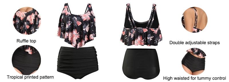 Women High Waist Bikini Plus Size Swimwear Summer Swimsuit Beach Bathing Suit Ruffle Bikini  Floral Printed Ruffle High Waist Bikini Set Women's Tummy Control Bathing Suit Swimsuit Flounce Peplum