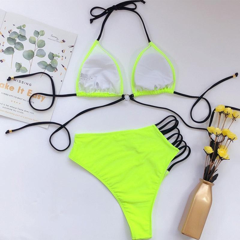 Women High Waist Bikini Swimsuit Swimwear Female Women Metal Ring Cross Bandage Bikini Set Swimsuit Two Piece Cutout Tie Back Bathing Suit Thong Bikini Set Bathing Suit Bather