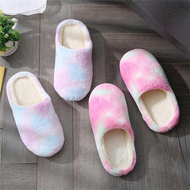 Women Home Slippers With Faux Fur Flats Heel Winter Shoes Keep Warm Shoes For Woman Rainbow Faux Fur Warm Memory Foam Slippers Suede Slip-on Cozy House Shoes Non-Slip Sole