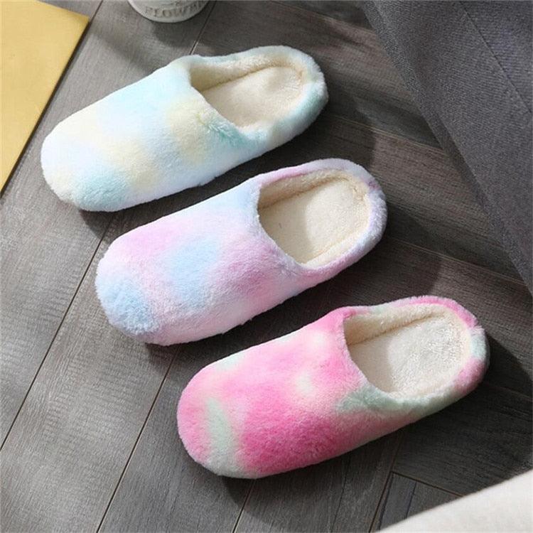 Women Home Slippers With Faux Fur Flats Heel Winter Shoes Keep Warm Shoes For Woman Rainbow Faux Fur Warm Memory Foam Slippers Suede Slip-on Cozy House Shoes Non-Slip Sole