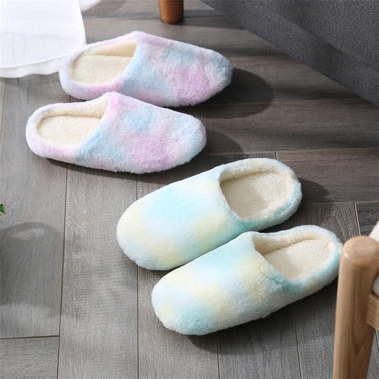 Women Home Slippers With Faux Fur Flats Heel Winter Shoes Keep Warm Shoes For Woman Rainbow Faux Fur Warm Memory Foam Slippers Suede Slip-on Cozy House Shoes Non-Slip Sole