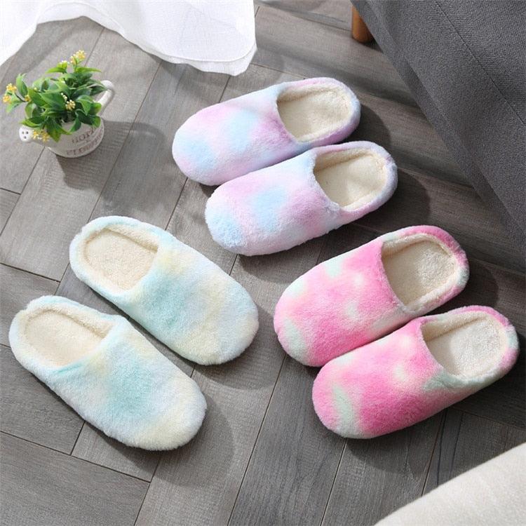 Women Home Slippers With Faux Fur Flats Heel Winter Shoes Keep Warm Shoes For Woman Rainbow Faux Fur Warm Memory Foam Slippers Suede Slip-on Cozy House Shoes Non-Slip Sole