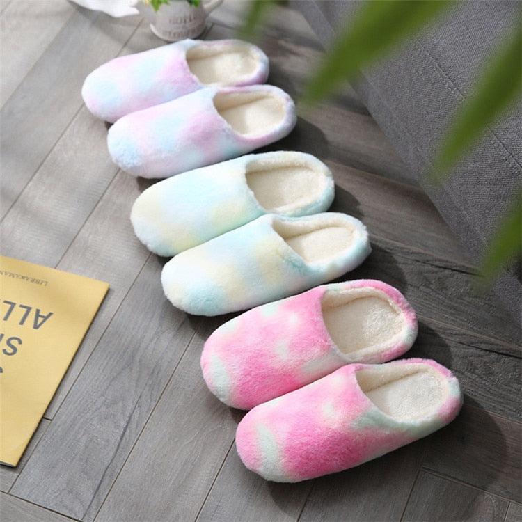 Women Home Slippers With Faux Fur Flats Heel Winter Shoes Keep Warm Shoes For Woman Rainbow Faux Fur Warm Memory Foam Slippers Suede Slip-on Cozy House Shoes Non-Slip Sole