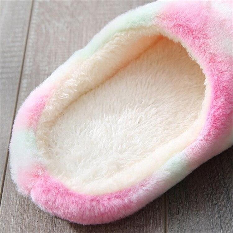 Women Home Slippers With Faux Fur Flats Heel Winter Shoes Keep Warm Shoes For Woman Rainbow Faux Fur Warm Memory Foam Slippers Suede Slip-on Cozy House Shoes Non-Slip Sole