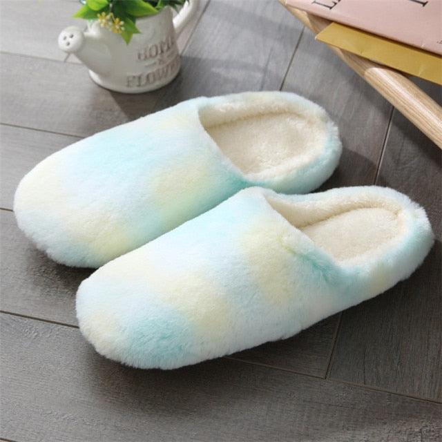 Women Home Slippers With Faux Fur Flats Heel Winter Shoes Keep Warm Shoes For Woman Rainbow Faux Fur Warm Memory Foam Slippers Suede Slip-on Cozy House Shoes Non-Slip Sole