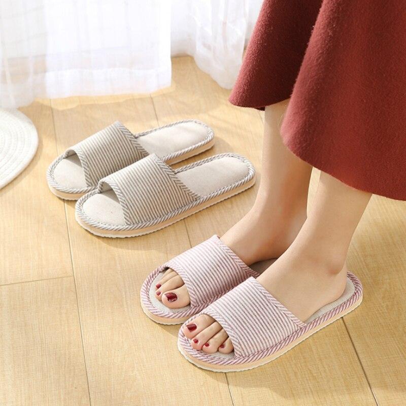 Women Indoor Slippers Flat Shoes Spring Autumn Linen Flip Flops Home Slippers Comfortable Memory Foam Slippers Lining Slip-On Lightweight Durable House Shoes