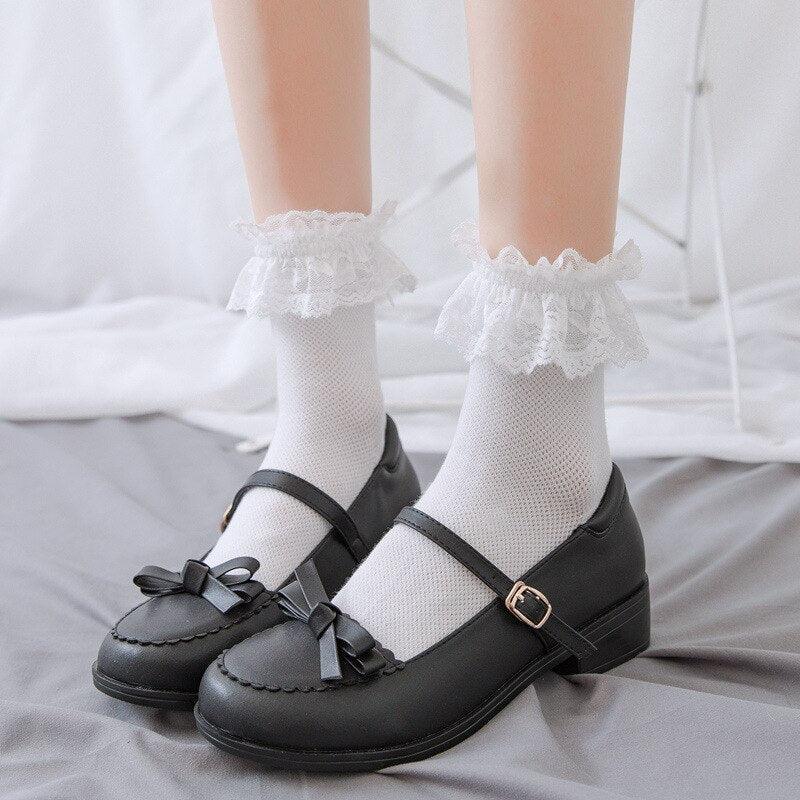 Women Lace Mesh Black White Cotton Socks Japanese Maiden Lovely Short Socks Frilly Ruffle Princess Socks For Women