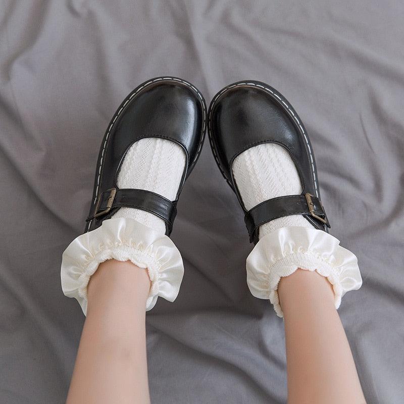 Women Lace Mesh Black White Cotton Socks Japanese Maiden Lovely Short Socks Frilly Ruffle Princess Socks For Women