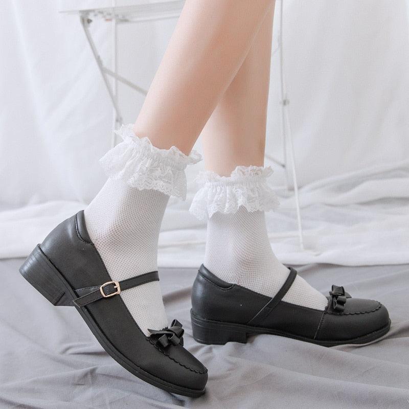 Women Lace Mesh Black White Cotton Socks Japanese Maiden Lovely Short Socks Frilly Ruffle Princess Socks For Women